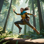 **

A dynamic scene featuring the Ranger character in mid-air, executing a double jump in a lush, vibrant forest. Focus on her agility and the motion of her movement. Include a visible health bar and mana bar, subtly showcasing her stats.

**