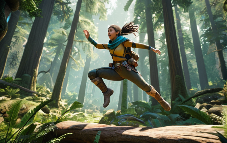 **
A dynamic scene featuring the Ranger character in mid-air, executing a double jump in a lush, vibrant forest. Focus on her agility and the motion of her movement. Include a visible health bar and mana bar, subtly showcasing her stats.
**