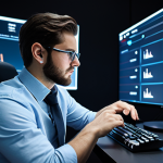 A focused professional male gamer, fully clothed in modest, modern casual attire, seated and thoughtfully observing a sophisticated holographic display. The screen presents in-game item icons, market trend graphs, and data for 'Rift Points' and 'Silver'. The setting is a clean, contemporary gaming space with ambient digital light. Professional photography, high resolution, perfect anatomy, correct proportions, natural pose, well-formed hands, proper finger count, natural body proportions, safe for work, appropriate content, fully clothed, professional dress.
