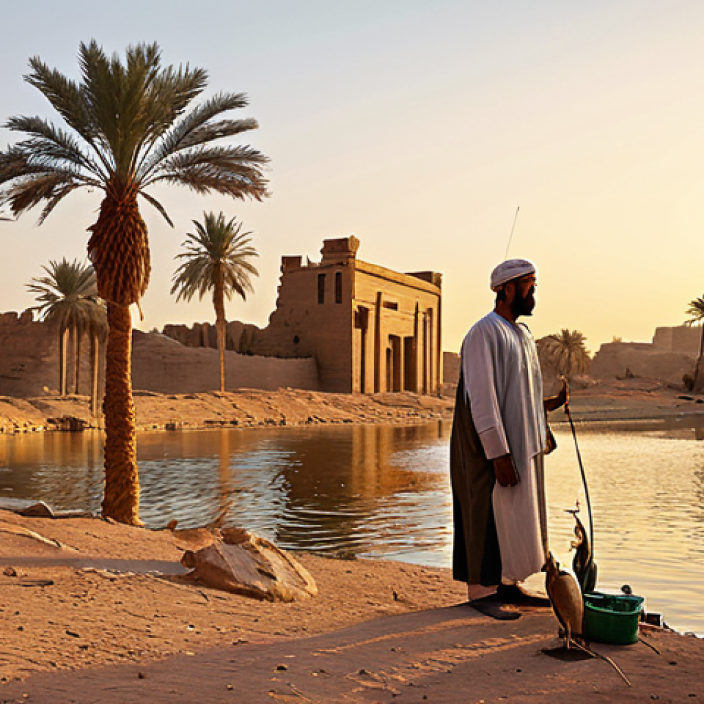 A Fisherman by the Nile**

A skilled fisherman in traditional Arabic clothing stands by the Nile River at sunset. He holds a fishing rod, and several large fish lie at his feet. The background shows a serene desert landscape with palm trees and ancient ruins. The scene should be rendered in a realistic style, with warm lighting.

*   **Keywords:** fisherman, Nile River, sunset, traditional Arabic clothing, desert landscape, palm trees, ancient ruins, realistic, warm lighting, safe for work, appropriate content, fully clothed, professional.

**