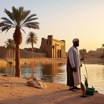 A Fisherman by the Nile**

A skilled fisherman in traditional Arabic clothing stands by the Nile River at sunset. He holds a fishing rod, and several large fish lie at his feet. The background shows a serene desert landscape with palm trees and ancient ruins. The scene should be rendered in a realistic style, with warm lighting.

*   **Keywords:** fisherman, Nile River, sunset, traditional Arabic clothing, desert landscape, palm trees, ancient ruins, realistic, warm lighting, safe for work, appropriate content, fully clothed, professional.

**