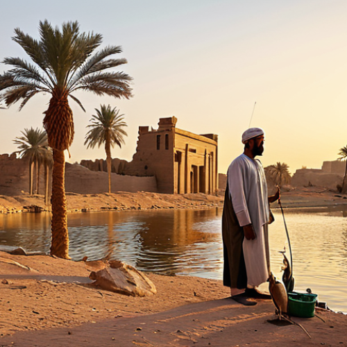 A Fisherman by the Nile**

A skilled fisherman in traditional Arabic clothing stands by the Nile River at sunset. He holds a fishing rod, and several large fish lie at his feet. The background shows a serene desert landscape with palm trees and ancient ruins. The scene should be rendered in a realistic style, with warm lighting.

*   **Keywords:** fisherman, Nile River, sunset, traditional Arabic clothing, desert landscape, palm trees, ancient ruins, realistic, warm lighting, safe for work, appropriate content, fully clothed, professional.

**
