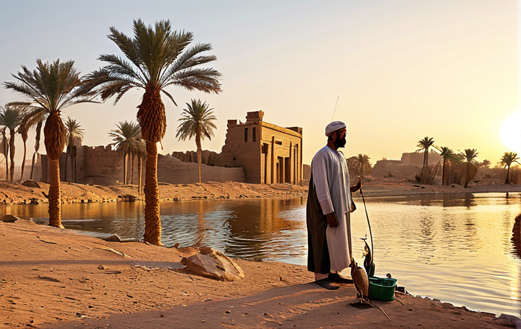 A Fisherman by the Nile**

A skilled fisherman in traditional Arabic clothing stands by the Nile River at sunset. He holds a fishing rod, and several large fish lie at his feet. The background shows a serene desert landscape with palm trees and ancient ruins. The scene should be rendered in a realistic style, with warm lighting.

*   **Keywords:** fisherman, Nile River, sunset, traditional Arabic clothing, desert landscape, palm trees, ancient ruins, realistic, warm lighting, safe for work, appropriate content, fully clothed, professional.

**