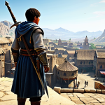 Aspiring Adventurer**

A young, fully clothed adventurer in modest traveling clothes, standing at the edge of a vibrant village in the Black Desert world. In the background, bustling marketplaces and unique architecture. The adventurer is equipped with a basic sword and shield, looking towards a distant, mountain landscape. Safe for work, appropriate content, family-friendly, perfect anatomy, natural proportions, high quality.

**