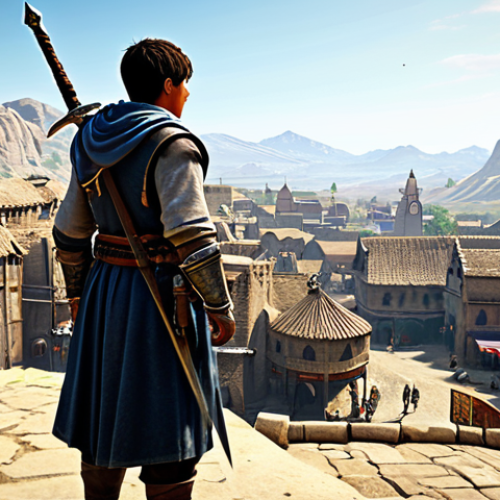 Aspiring Adventurer**

A young, fully clothed adventurer in modest traveling clothes, standing at the edge of a vibrant village in the Black Desert world. In the background, bustling marketplaces and unique architecture. The adventurer is equipped with a basic sword and shield, looking towards a distant, mountain landscape. Safe for work, appropriate content, family-friendly, perfect anatomy, natural proportions, high quality.

**