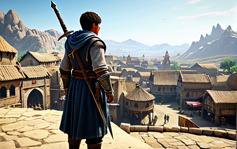 Aspiring Adventurer**

A young, fully clothed adventurer in modest traveling clothes, standing at the edge of a vibrant village in the Black Desert world. In the background, bustling marketplaces and unique architecture. The adventurer is equipped with a basic sword and shield, looking towards a distant, mountain landscape. Safe for work, appropriate content, family-friendly, perfect anatomy, natural proportions, high quality.

**