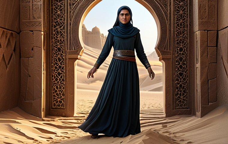 Dark Rift Explorer**

"A courageous explorer, fully clothed in modest desert attire, stands at the edge of a shimmering portal to the Dark Rift. Ancient Arabic architecture frames the scene. Dust and sand swirl around her. Safe for work, appropriate content, professional fantasy art, perfect anatomy, natural pose, high detail."

**