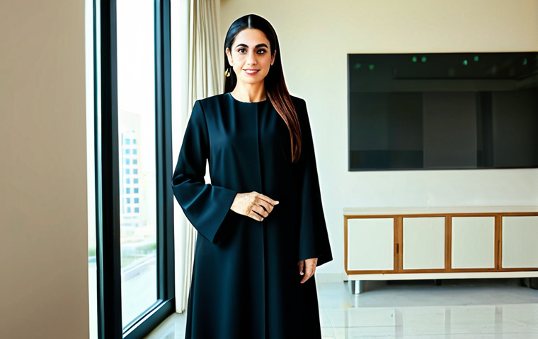 **

A professional businesswoman in a modest, tailored abaya, standing in a modern, sunlit Dubai office, fully clothed, appropriate attire, safe for work, perfect anatomy, natural proportions, professional photography, high quality, family-friendly.

**