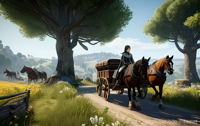 검은사막 조련 기술 레벨업 - Image Prompt 1: AFK Wagon Training in Velia Countryside** 검은사막 조련 기술 레벨업 - Image Prompt 1: AFK Wagon Training in Velia Countryside**